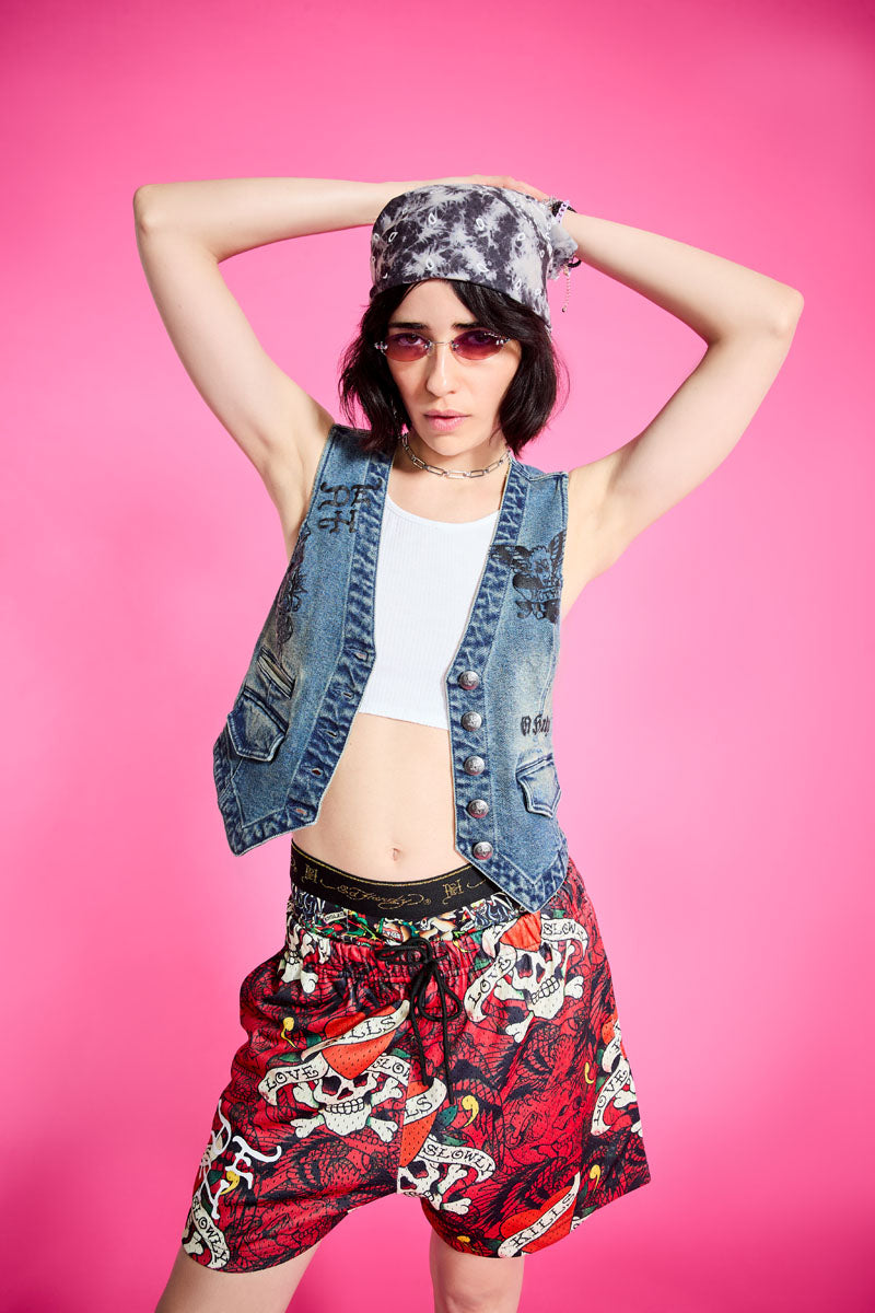 Multi Tattoo Denim Vest