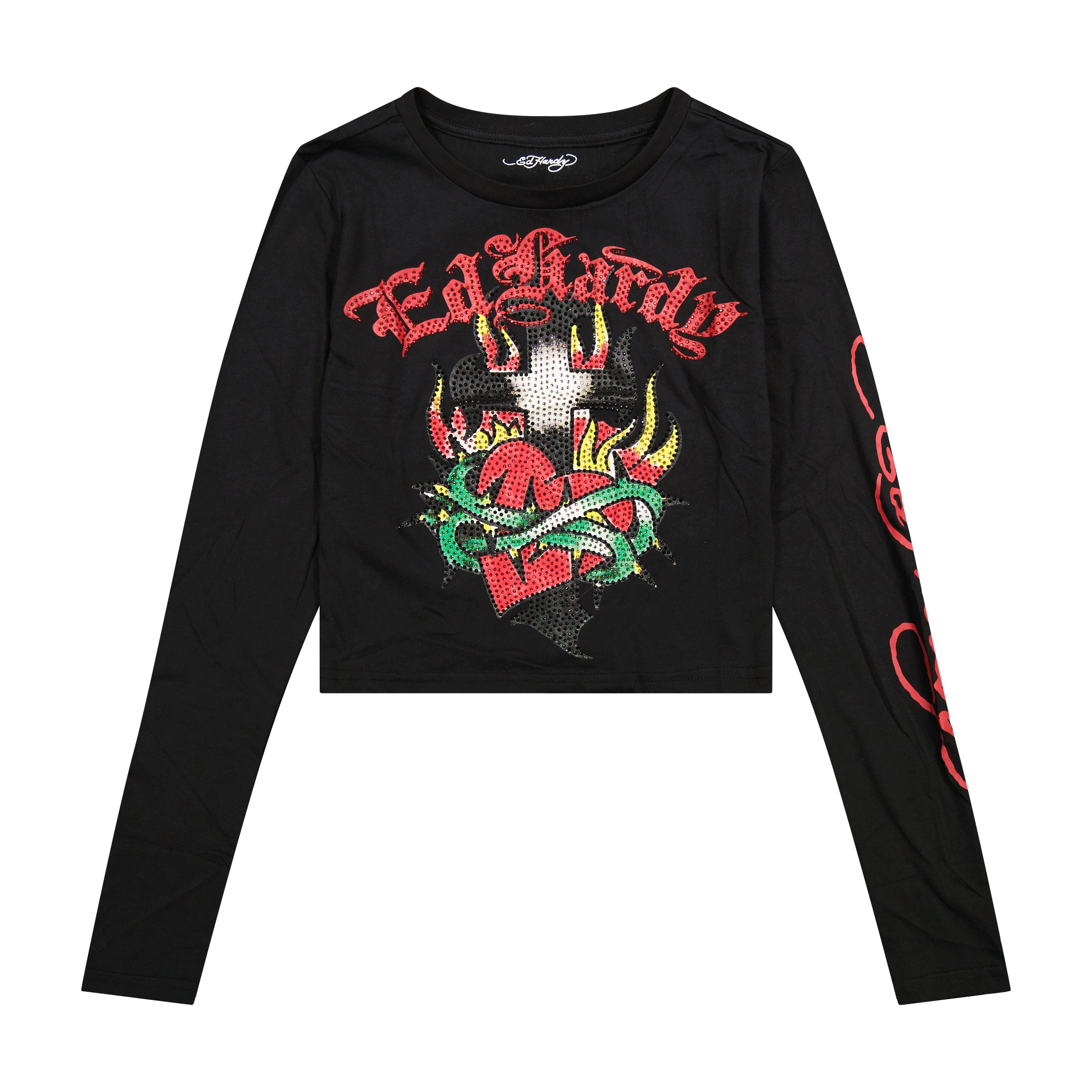 Cross Long Sleeve Rhinestone Crop Tee
